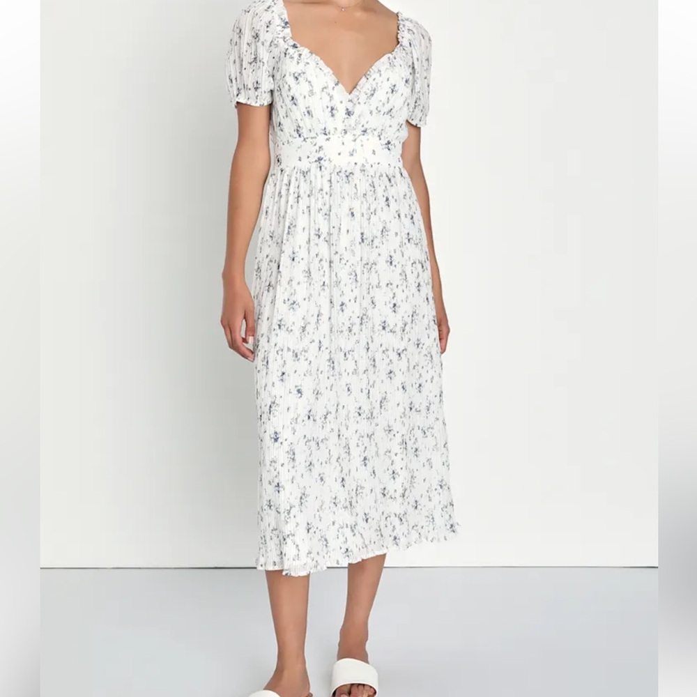 Lulus White Floral Print Puff Sleeve Midi Dress